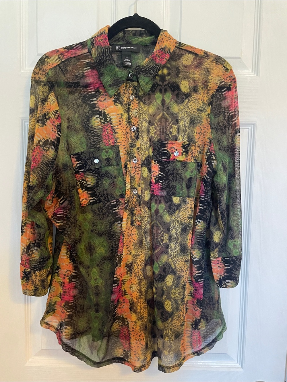 INC International Concepts Sheer Multicolor Snakeskin-Print Button-Down Shirt